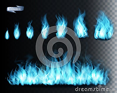 Collection of blue transparent fire flames. Vector Illustration