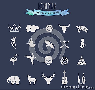 Collection of Bohemian, Tribal objects, elements Vector Illustration