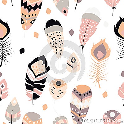 Seamless pattern with boho vintage tribal ethnic colorful vibrant feathers Vector Illustration