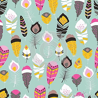 Seamless pattern with boho vintage tribal ethnic colorful vibrant feathers Vector Illustration