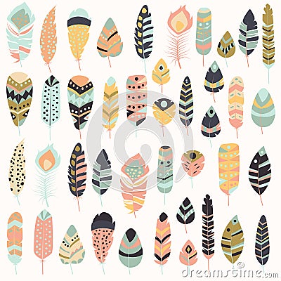 Collection of boho vintage tribal ethnic hand drawn colorful feathers Vector Illustration