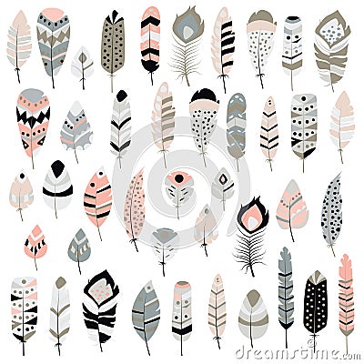 Collection of boho vintage tribal ethnic hand drawn colorful feathers Vector Illustration