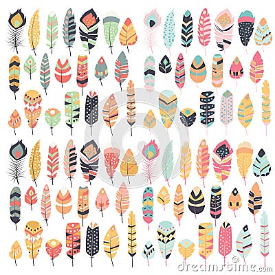 Collection of boho vintage tribal ethnic hand drawn feathers Vector Illustration