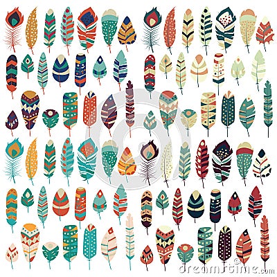 Collection of boho vintage tribal ethnic hand drawn colorful feathers Vector Illustration