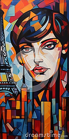 Elegant Neo-cubist Portrait: Girl With Eiffel Tower Stock Photo