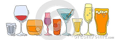 Collection of glasses of alcohol. Beer champagne red wine liquor vodka martini whiskey rum tequila. Hand draw cartoon isolated Vector Illustration