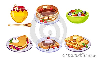 Collection of Breakfast Meal, Delicious Healthy Food and Drinks Different Sets Vector Illustration Vector Illustration