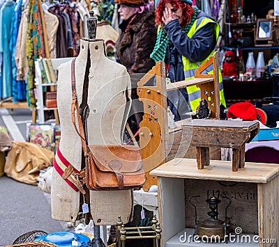 Collection of bric a brac including vintage dressmakers dummy on sale at Frome Sunday Market, Somerset, UK Editorial Stock Photo