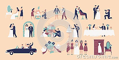 Collection of bride and groom preparing for wedding ceremony. Set of preparations for marriage celebration day isolated Vector Illustration