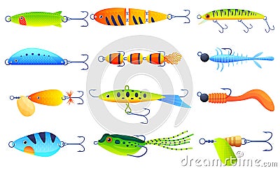 Collection bright bait for fish vector flat illustration. Set of fishing lure with floating and hook Vector Illustration