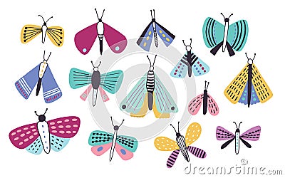 Collection of bright colored cartoon moths of different types and sizes isolated on white background. Nocturnal flying Vector Illustration