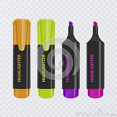 Collection of bright and colored highlighters, realistic markers on transparent background, vector illustration Vector Illustration