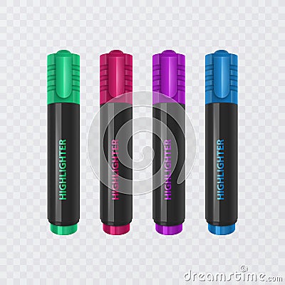 Collection of bright and colored highlighters, realistic markers on transparent background, vector illustration Vector Illustration