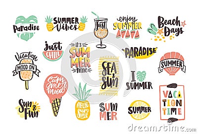 Collection of bright colored summer lettering handwritten with calligraphic fonts and decorated with tropical fruits Vector Illustration