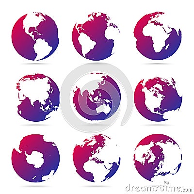 Collection of bright purple icons globes. Set maps of the world. Planet with continents Vector Illustration