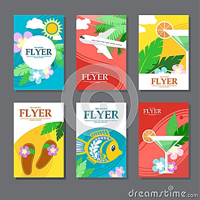 Collection of brightly colored rectangular card on travel and leisure. Flat style. Cartoon Illustration