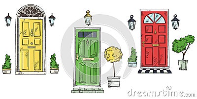 Collection of British traditional home entrance doors , vector sketch Vector Illustration