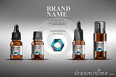Collection of brown glass bottles with pipettes, bottles with oil for face. Cosmetic template, realistic cosmetic bottle Vector Illustration