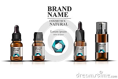 Collection of brown glass bottles with pipettes, bottles with oil for face. Cosmetic template, realistic cosmetic bottle Vector Illustration