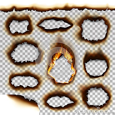 Collection of burnt faded holes piece burned paper realistic fire flame isolated page sheet torn ash vector illustration Vector Illustration