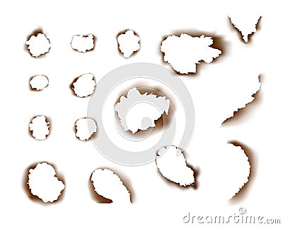 Collection burnt paper holes on white background. Vector Illustration