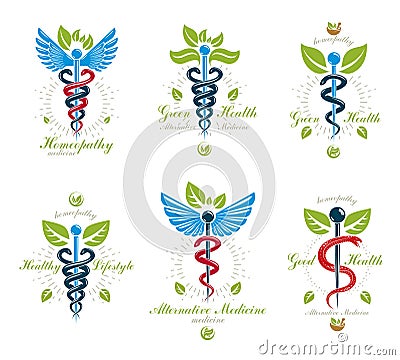 Collection of Caduceus logotypes composed with poisonous snakes and bird wings, healthcare conceptual vector illustrations. Vector Illustration