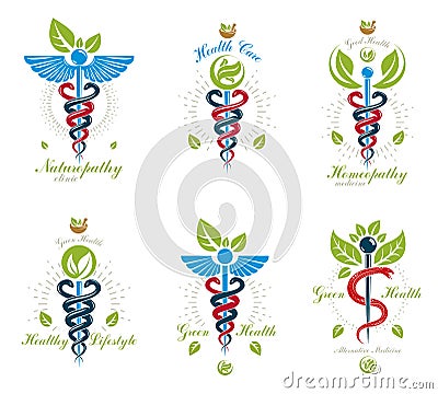 Collection of Caduceus logotypes composed with poisonous snakes and bird wings, healthcare conceptual vector illustrations. Vector Illustration