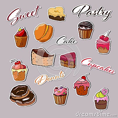 Collection of cakes and desserts stickers isolated on gray background. Vector Illustration