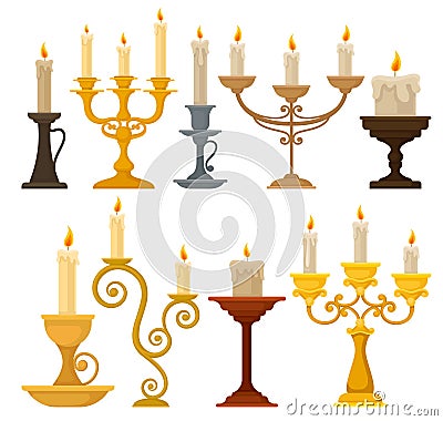 Collection of candles in candlesticks, vintage candle holders and candelabrums vector Illustration on a white background Vector Illustration