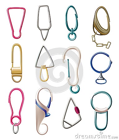 Collection of carabiner clasps. Metal carabines for climbing rope link. Snap hooks for bag, safety or protecting Vector Illustration