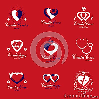 Collection of cardiology medical care vector emblems can be used Vector Illustration