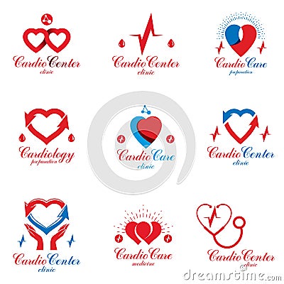 Collection of cardiology medical care vector can be used in pharmaceutical business, red heart shapes isolated Vector Illustration