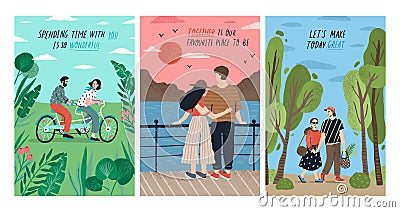 Collection of cards with cute romantic couples on date riding tandem bicycle, watching sunset, walking. Set of postcards Vector Illustration