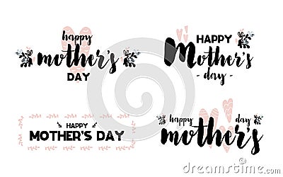 Collection Cards with lettering happy mothers day. Vector illustration in scandinavian style with decorative framing isolated on w Cartoon Illustration