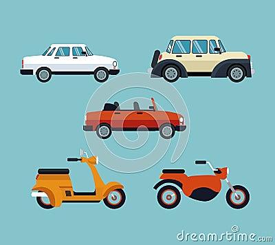 Collection cars motorcycles expensive Vector Illustration