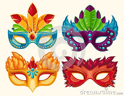 Collection of cartoon carnival masks decorated with feathers and rhinestones Vector Illustration