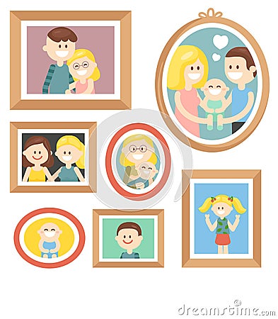 Collection of cartoon family photos in frame Vector Illustration