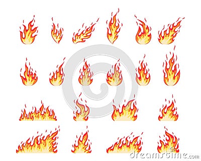Collection cartoon flame flat style. Fire vector set Vector Illustration