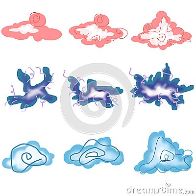 A collection of cartoon illustrations of clouds in fairyland, magic land, and dwarf land. Cartoon Illustration