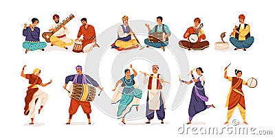 Collection of cartoon indian street artists vector flat illustration. Set of smiling people musicians and dancers Vector Illustration