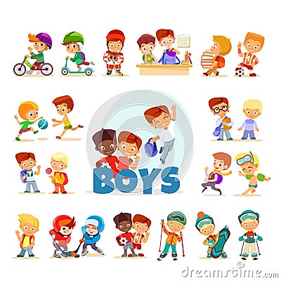 Collection of cartoon little boys on white background. Vector Illustration