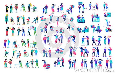 Collection of cartoon people. Family spend time together, happy parents with children. Business team and office workers Vector Illustration