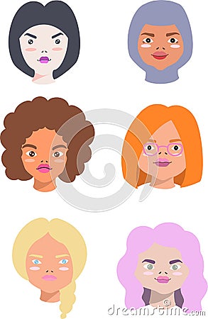 Collection of cartoon portraits of female characters. Vector Illustration