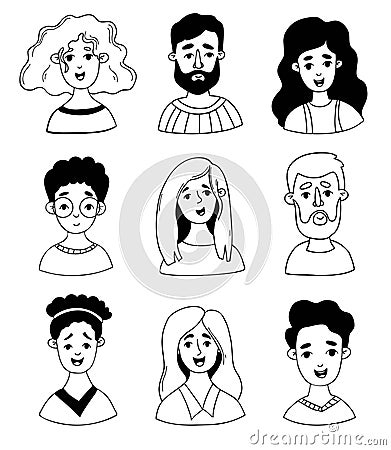 Collection cartoon portraits of people. Vector isolated faces of women, men, children in doodle style. Vector Illustration