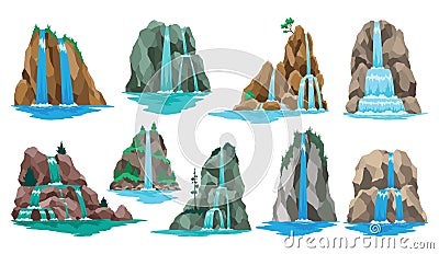 Collection of cartoon river cascade waterfalls. Landscapes with mountains and trees. Design elements for travel brochure Vector Illustration