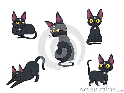 Collection of cats. Concept cartoon cat in different poses. Halloween elements set. Vector clipart illustration isolated on white Vector Illustration