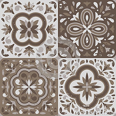 Collection of 4 ceramic tiles in vintage style Vector Illustration