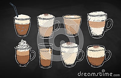 Collection of chalk drawn coffee drinks Vector Illustration