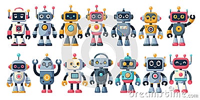 Collection of cheerful cartoon robots Vector Illustration