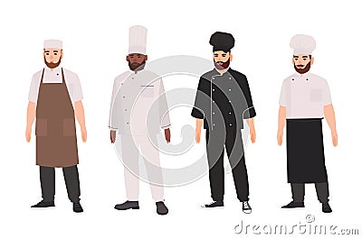 Collection of chefs, qualified cooks, professional restaurant staff or kitchen workers wearing uniform and toque. Set of Vector Illustration